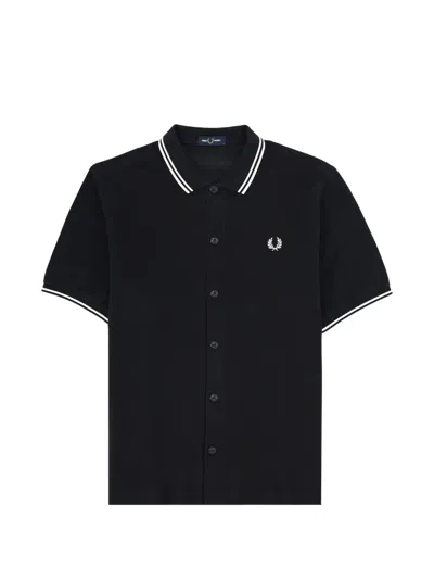 Fred Perry Contrast Collar Shirt Ribbed Cuffs Short Sleeves In Black