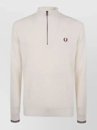 Fred Perry Waffle Knit Half Zip Jumper Ribbed Cuffs In Neutral