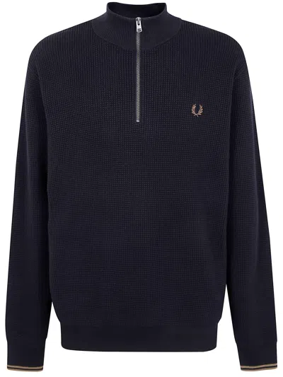 Fred Perry "" Waffle Stitch Half Zip Jumper In Black