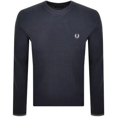Fred Perry Waffle Stitch Knit Jumper Navy In Blue