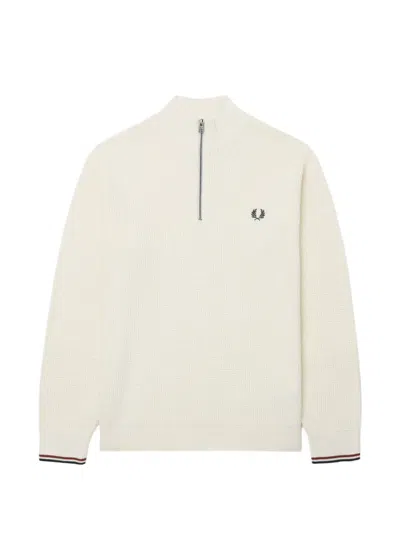 Fred Perry Waffle-knit Quarter-zip Sweater In White