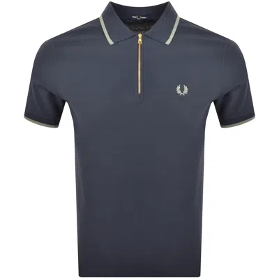Fred Perry Zip Neck Crepe Polo T Shirt Navy In Blue