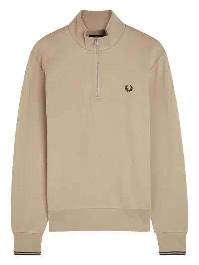 Fred Perry Zip-neck Laurel-wreath Sweatshirt In Brown