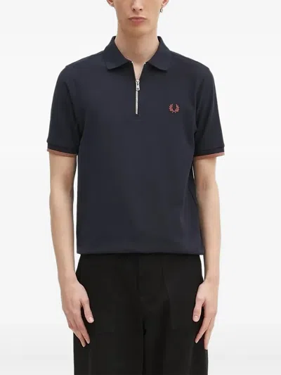 Fred Perry Zip-neck Logo-embroidered Polo Shirt In Blue