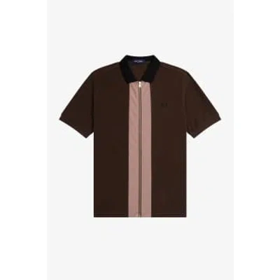 Fred Perry Zip Through Polo Shirt Burnt Tobacco In Brown