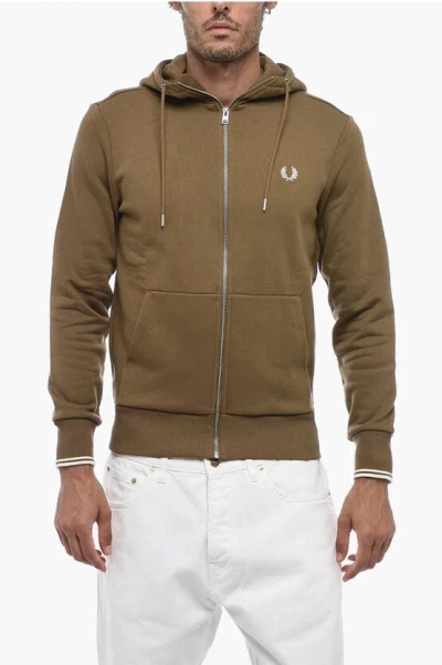 Fred Perry Zipped Hoodie Sweatshirt With Embroidery In Brown