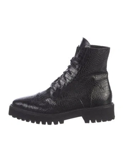 Pre-owned Freda Salvador Embossed Leather Animal Print Combat Boots In Black