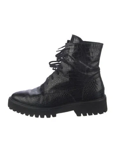 Pre-owned Freda Salvador Leather Animal Print Combat Boots In Black
