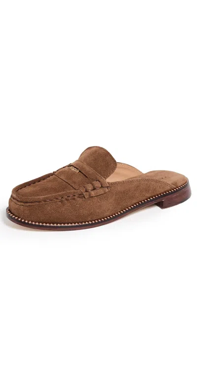 Freda Salvador Temi Penny Loafer Mules Chestnut Suede With Hardware