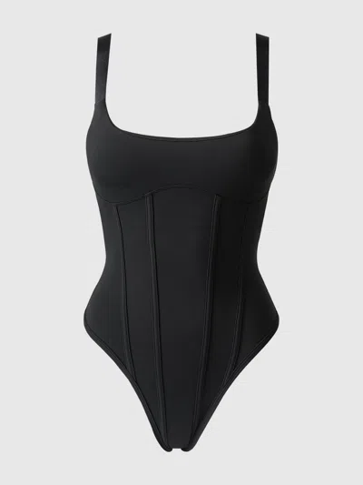 Frederick's Of Hollywood Active Tanga Back Bodysuit In Black