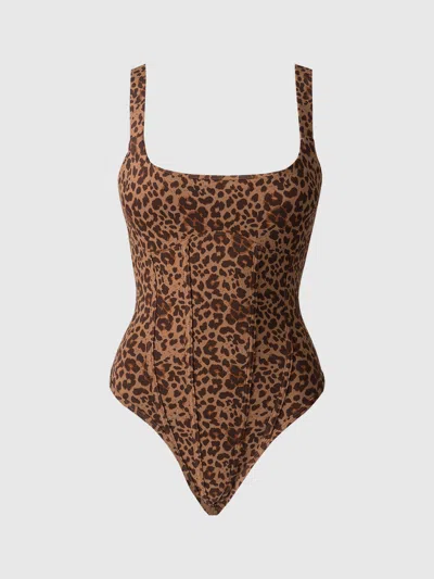 Frederick's Of Hollywood Active Tanga Back Bodysuit In Brown