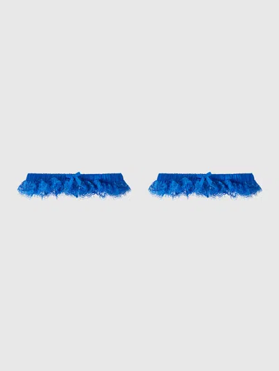 Frederick's Of Hollywood Adelaide Satin & Lace Thigh Garters In Blue