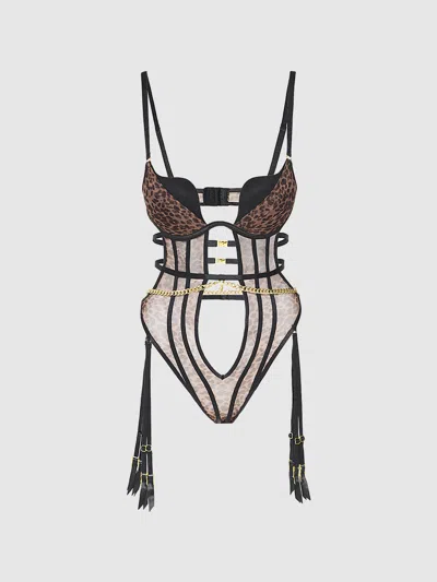 Frederick's Of Hollywood Alanza Swirl Plunge Push Up & Strappy Teddy In Black