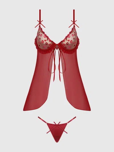 Frederick's Of Hollywood Angelica Lips Embroidery Babydoll Set In Red