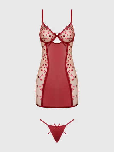 Frederick's Of Hollywood Angelica Lips Embroidery Open Bow Back Chemise Set In Red