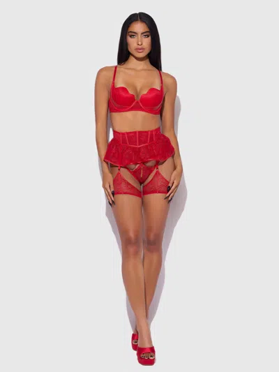 Frederick's Of Hollywood Chiara Lace & Faux Leather Skirted & Thigh Gartered Belt In Red