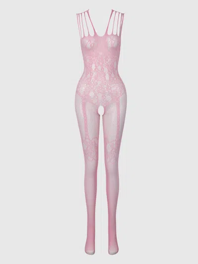 Frederick's Of Hollywood Crotchless Bodystocking With Illusion Garters In Pink