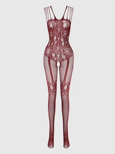 Frederick's Of Hollywood Crotchless Bodystocking With Illusion Garters In Burgundy