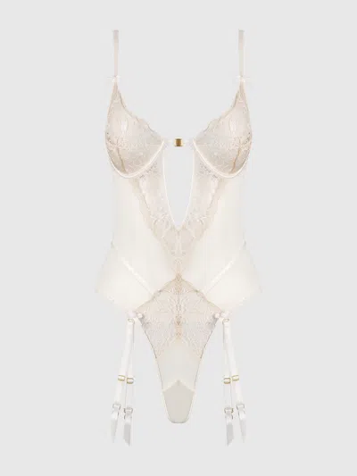 Frederick's Of Hollywood Delfina Embroidered Backless Teddy With Garters In White
