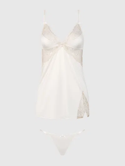 Frederick's Of Hollywood Delfina Embroidered Wireless Babydoll Slip In White