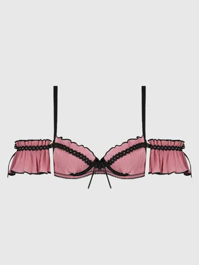Frederick's Of Hollywood Esme Pleated Chiffon & Lace Drop Shoulder Bra In Pink