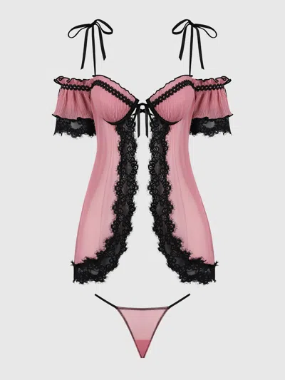 Frederick's Of Hollywood Esme Pleated Chiffon & Lace Underwire Babydoll Set In Pink