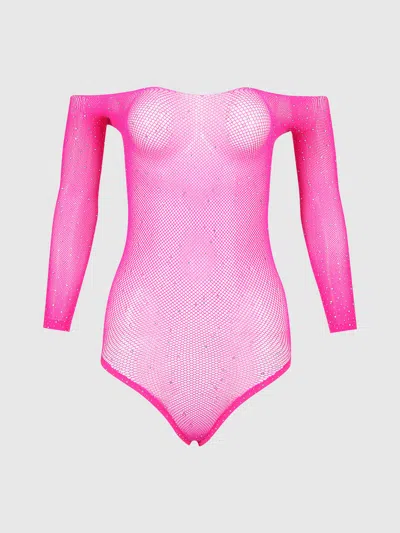 Frederick's Of Hollywood Fine Fishnet & Rhinestone Long Sleeve Teddy Bodystocking In Pink