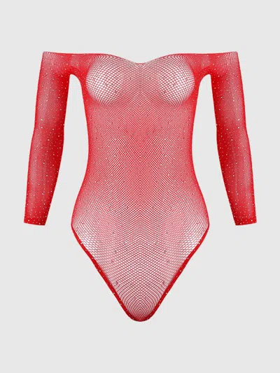 Frederick's Of Hollywood Fine Fishnet & Rhinestone Long Sleeve Teddy Bodystocking In Red