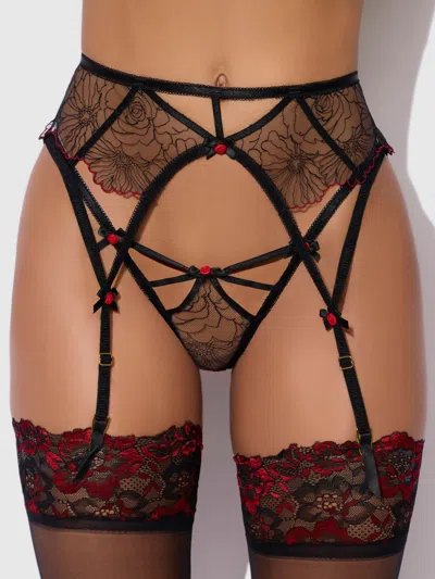 Frederick's Of Hollywood Ilaria Embroidered Tulle Garter Belt In Black / Crimson Red