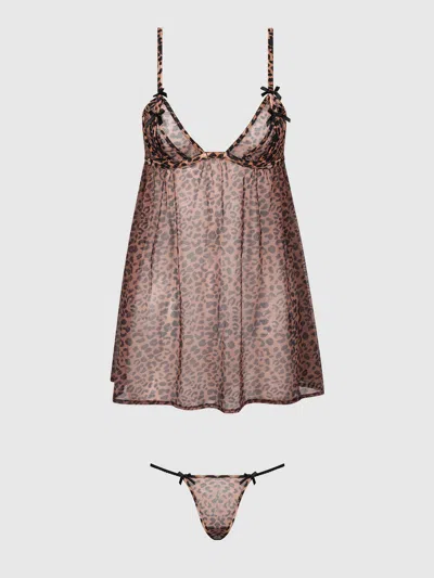 Frederick's Of Hollywood Kaia Leopard Mesh Underwire Babydoll & G-string Set In Multi