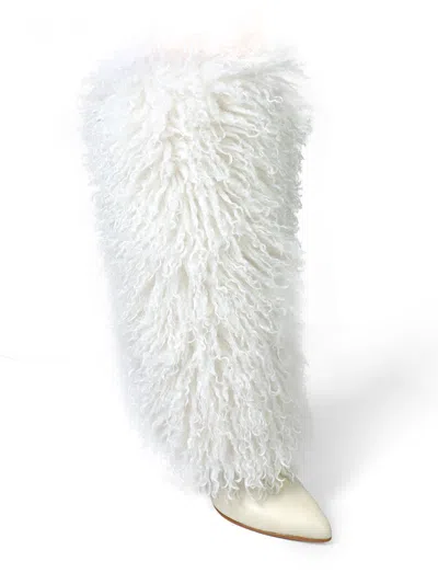 Frederick's Of Hollywood Kiki Pointed Toe Fluffy Boot In Cream