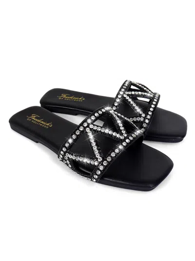 Frederick's Of Hollywood Lucy Rhinestone Flat Sandal In Black