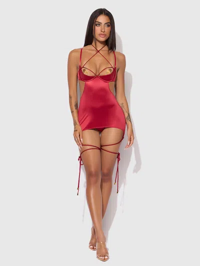 Frederick's Of Hollywood Nadya Liquid Satin & Rope Open Back Chemise & G-string Set In Red