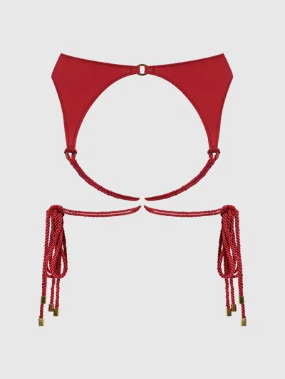 Frederick's Of Hollywood Nadya Liquid Satin & Rope Thigh Wrap Garter Belt In Red