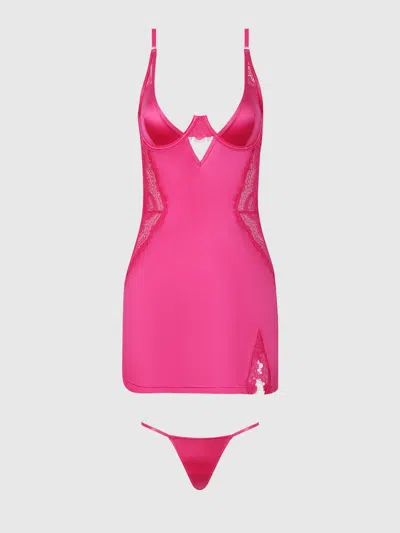 Frederick's Of Hollywood Neev Lace  & Oilslick Underwire Chemise Set In Pink