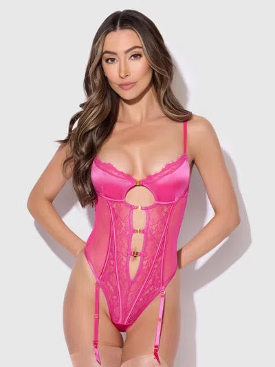 Frederick's Of Hollywood Neev Lace Wireless Teddy With Garters In Pink
