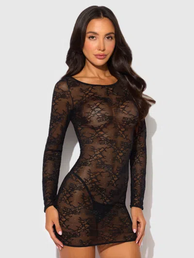 Frederick's Of Hollywood Pia Lace Long Sleeve Chemise Dress & G-string In Black