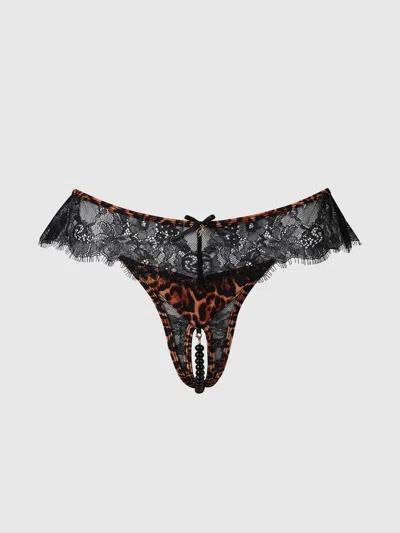 Frederick's Of Hollywood Raven Leopard And Lace Crotchless Pearl Thong In Leopard/black