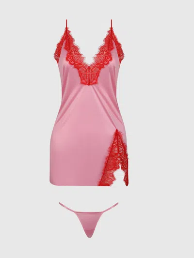 Frederick's Of Hollywood Rising Star Liquid Satin & Lace Slip Set In Pink