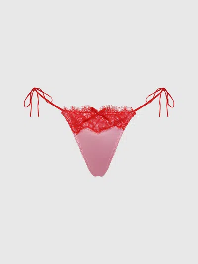 Frederick's Of Hollywood Rising Star Liquid Satin & Lace Tie Side Thong In Pink