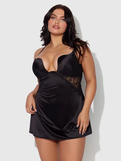 Frederick's Of Hollywood Rising Star Plunge Push Up Babydoll In Liquid Satin & Lace In Black