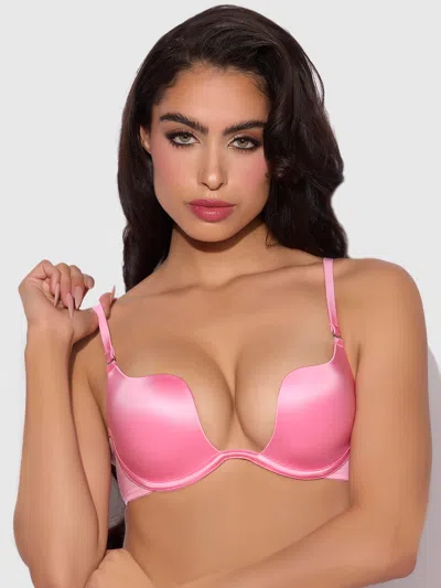 Frederick's Of Hollywood Rising Star Plunge Push Up Bra In Liquid Satin In Pink