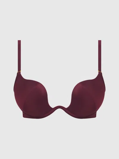 Frederick's Of Hollywood Rising Star Plunge Push Up Bra In Petra Satin In Burgundy