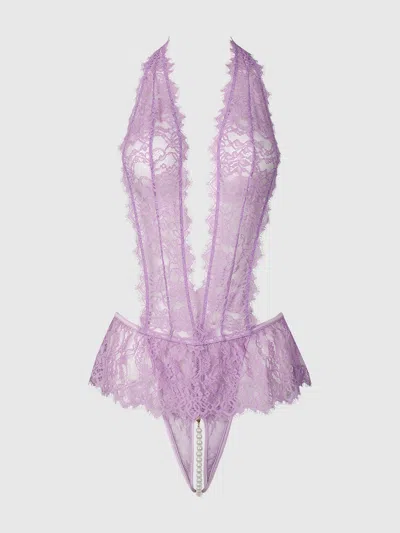 Frederick's Of Hollywood Rosalind Lace & Pearl Crotchless & Pearl Teddy In Purple