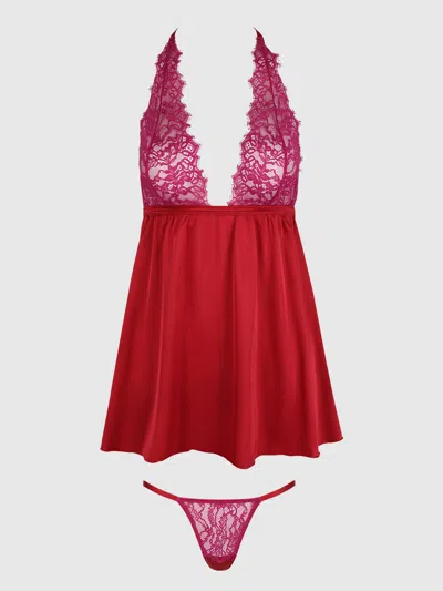 Frederick's Of Hollywood Rosalind Lace & Satin Halter Neck Drop Off Babydoll In Multi