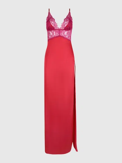 Frederick's Of Hollywood Rosalind Satin & Lace Long High Slit Gown In Red