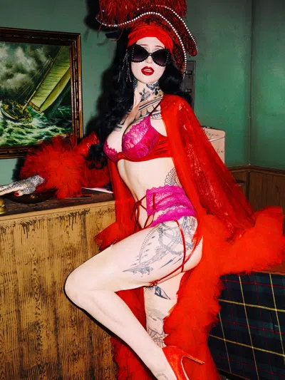 Frederick's Of Hollywood Rosalind Satin & Lace Satin Half Cup Bra In Crimson Red & Raspberry