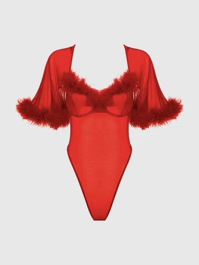 Frederick's Of Hollywood Scarlett Bell Sleeved Marabou Bodysuit In Red