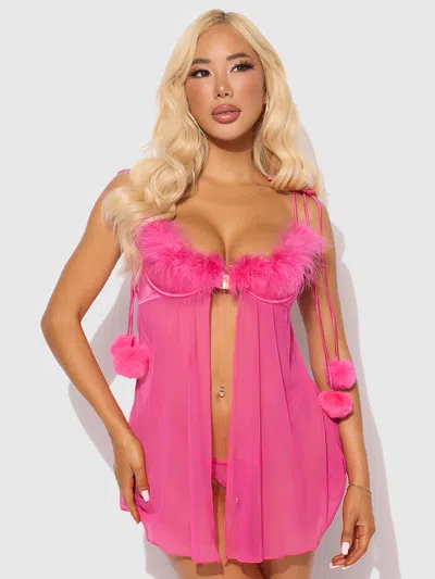 Frederick's Of Hollywood Scarlett Drop Off Open Front Marabou Babydoll & G-string In Pink