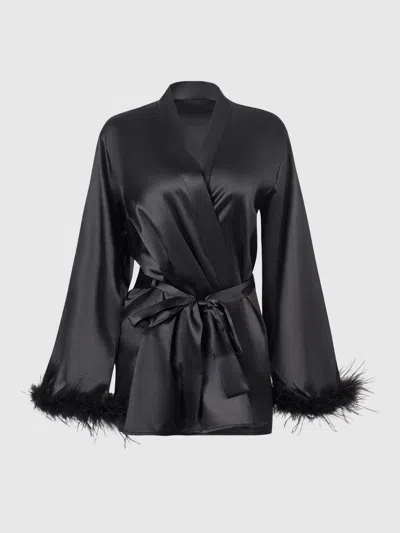 Frederick's Of Hollywood Scarlett Satin & Feather Trimmed Short Sleep Robe In Black